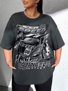 SHEIN EZwear Plus Car & Letter Graphic Drop Shoulder Tee, Summer - Grey - View 6