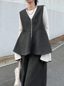 FRIFUL Women's Wool Vest And Pants Set, Solid Color Casual City Style With Metal Trim Decoration