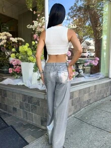 Carolina Barros Women's Pocketed Silver Foil Washed Straight Leg Jeans Fall Women Clothes