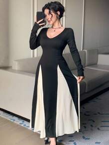DAZY 女士优雅拼接中长连衣裙，秋季连衣裙 - 黑色 - 查看 8