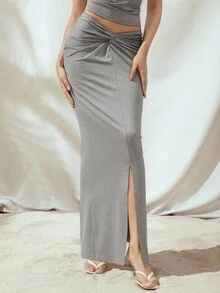 Almamuse Damen Einfarbiger Twist Plissee Schlitz Eleganter Rock