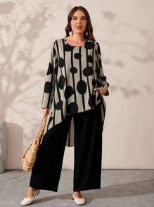 Rusticease Plus Size Women 2pcs Set Geometric Print Round Neck Long Sleeve Asymmetric Hem Top And Pants, Casual, Winter Set