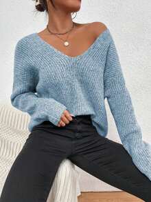 EMERY ROSE Áo len chui đầu dáng rộng cổ chữ V hở vai dài tay cho nữ, mùa thu - Màu xanh nhạt - Xem 4