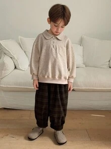 DAZY 2 件套儿童男童宽松休闲 POLI 领运动衫和格子裤套装，适合秋季的日式服装 - 杏色 - 查看 6