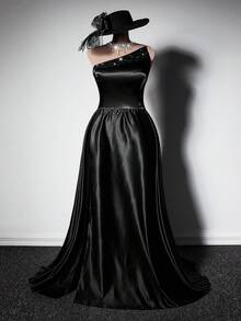 Viva Relle Plus Size Sleeveless Asymmetrical Shoulder Elegant Romantic Fashion Dress - Black - View 4