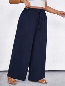 SHEIN LUNE CURVE Pantalon casual à poche simple de couleur unie pour grandes tailles - Bleu marine - Voir 3