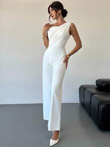 Firerie Women's Elegant Minimalist Chic Fashion Sexy Daily Commute Music Festival Vacation Asymmetric Neck Draped White Straight Jumpsuit, Spring/Summer - White - View 4