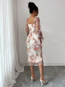 Elenzga 女士优雅浪漫网眼花卉印花荷叶边领收腰长袖中长连衣裙，适合婚礼、派对、约会、休闲外出等 - 彩色 - 查看 2