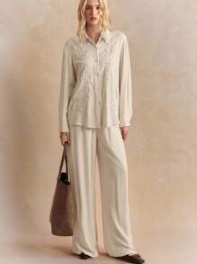 Écloséra Áo cánh thêu jacquard cao cấp phong cách Trung Hoa xuân/thu mới, bộ hai mảnh lấy cảm hứng từ phong cách cổ điển dành cho nữ - Màu be - Xem 3
