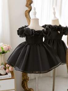 女婴优雅黑色单肩欧根纱连衣裙，正式服装 - 黑色 - 查看 9