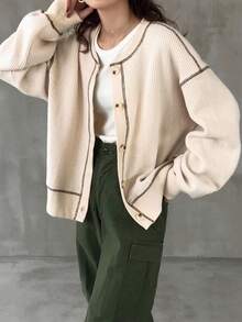 FRIFUL 女士杏色撞色缝线下摆纽扣开合宽松休闲百搭夹克，适合外出、机场、旅行、秋季时尚 - 杏色 - 查看 2