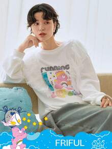 FRIFUL SHEIN X Care Bears 女士圆领撞色网眼拼接宽松卡通图案前长袖休闲T恤 - 白色 - 查看 12