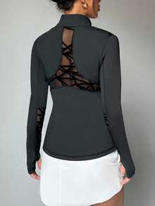 Dewbera Mesh Frequency Tight Collar Long Sleeve Sports Jacket - Black - View 1