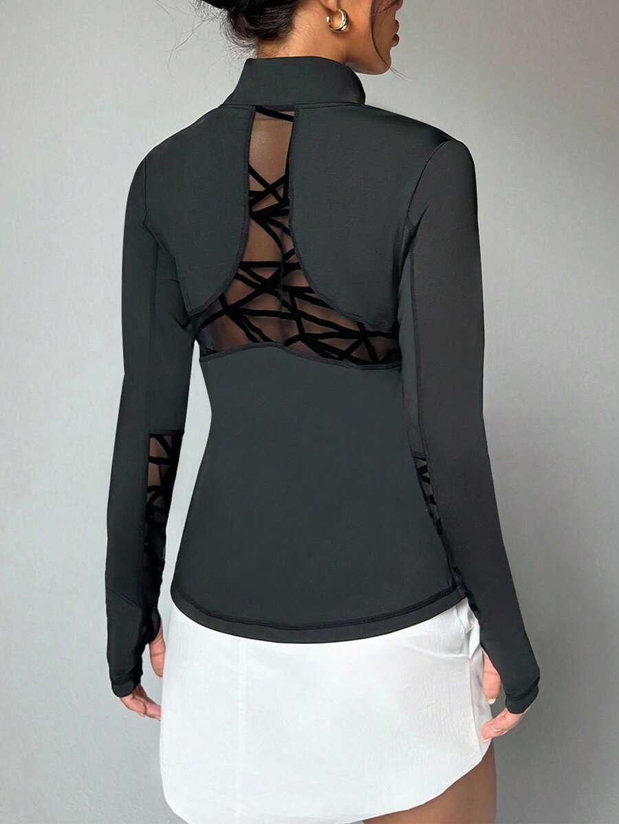 Dewbera Mesh Frequency Tight Collar Long Sleeve Sports Jacket - Black - View 1