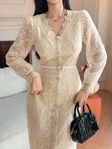 DAZY French Lace Long Sleeve Dress, New Slim Fit Elegant Elegant Casual Dress - Apricot - View 5