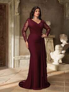 Aureia 大码优雅奢华红色刺绣亮片蕾丝拼接弹力针织泳衣，带美人鱼尾和可拆卸侧边荷叶边，适合婚礼、派对、度假、盛大晚宴、晚礼服、新娘母亲、情人节等场合。 - 酒紅色 - 查看 5