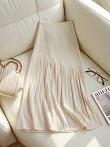 Franclia New Pleated Patchwork Knitted High Waist Slimming Midi A-Line Skirt, Casual Women Sweater Skirt