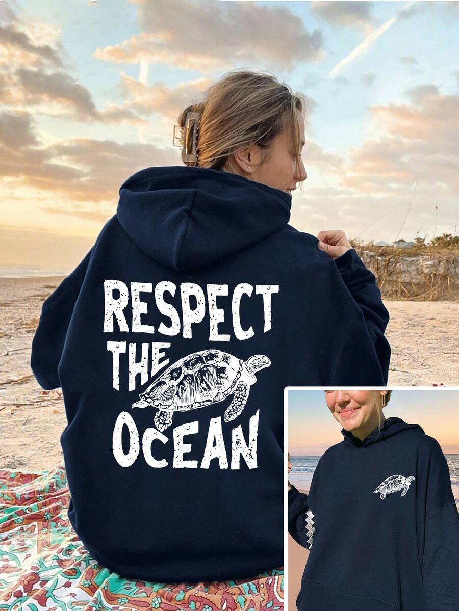 Calvaya Sudadera con cordón y estampado de tortuga de talla grande, ropa de otoño e invierno para mujer - Azul Marino - Ver 1