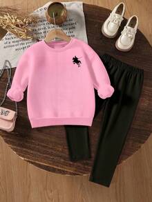Young Girls 2Pcs Set Light Pink Knit Crew Neck Loose Logo Print Sweatshirt And Leggings,Back-To-School Autumn School Clothes,Casual Autumn Outfit - Multicolor - View 5