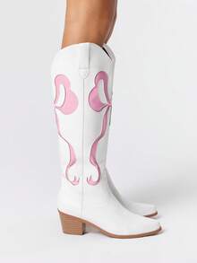 ROMWE Kawaii Women's Cutout Bow Embroidered White Western Boots, Spring/Autumn New Leather Over-The-Knee Boots For Christmas Y2K 2000s Style - White - View 4