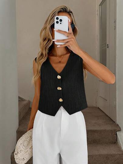 Easowa Women's V-Neck Asymmetrical Hem Metal Button Front Casual Loose Commuter Vintage Style Shirt Black Button Up Vest V Neck Vest Top Classy Black Vest Black Vest Top Women Black Vest,Black Tops