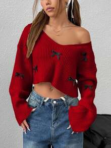 EURMUSE Maglione corto casual con scollo a V, decorato con fiocco - Rosso - Visualizzare 1