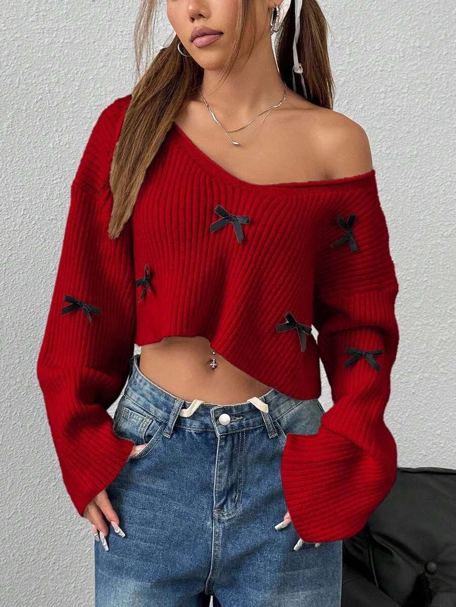 EURMUSE Maglione corto casual con scollo a V, decorato con fiocco - Rosso - Visualizzare 1