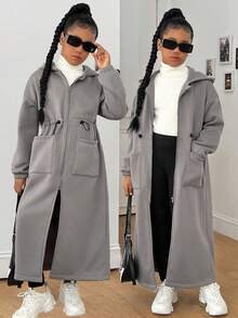 Sparklyn 青少年女孩休闲百搭多功能居家、学校、运动收腰仿毛领长夹克，秋冬秋季 - 灰色 - 查看 1