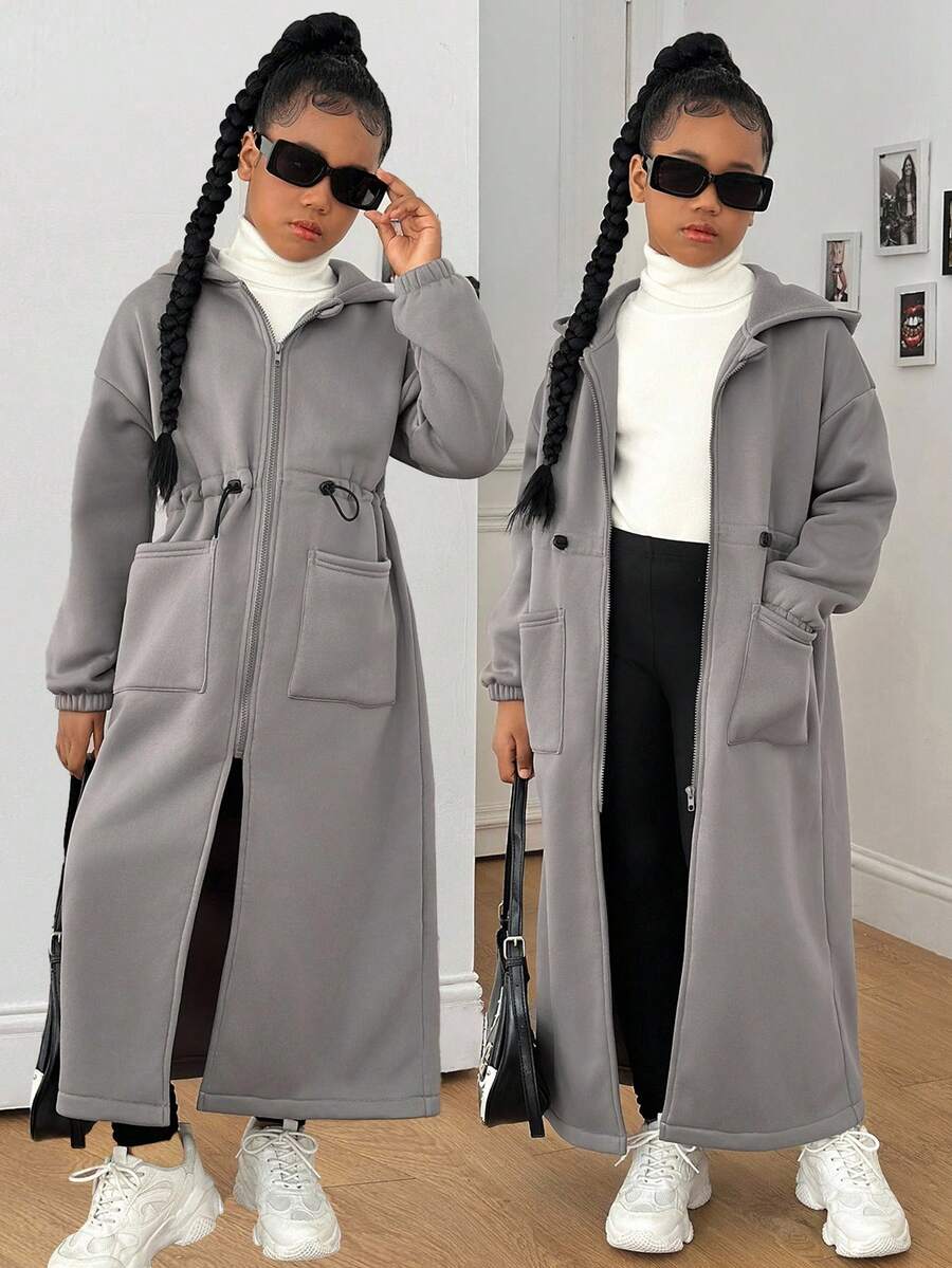 Sparklyn 青少年女孩休闲百搭多功能居家、学校、运动收腰仿毛领长夹克，秋冬秋季 - 灰色 - 查看 1