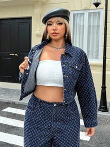 SHEIN ICON 秋冬大码女式钩针牛仔休闲夹克 - 深色水洗藍 - 查看 11