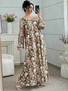 Elegant Vintage Romantic Floral & Pearl Decor Loose Fit Casual Dress For Women - Multicolor - View 7