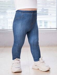 SHEIN Toddler Girl Everyday Casual Plain Blue Imitation Denim Long Pants With Pocket Details Toddler Jeans Pack Toddler Leggings Fall Winter - Blue - View 6