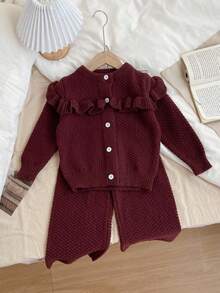 Sparklyn 青少年女孩时尚百搭通勤可爱休闲开衫和喇叭裤针织毛衣套装 - 咖啡棕 - 查看 4