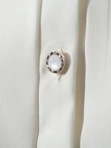 Franclia 优雅合身翻领饰边褶饰前襟纽扣开合长袖卡其色女式衬衫，春/秋 - 白色 - 查看 7