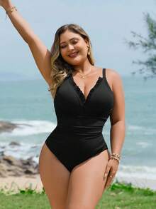 Swim Lushoire 大码女式性感优雅荷叶边连体泳衣