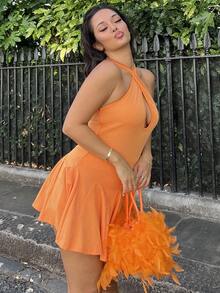 NegzBox 新款春夏休闲基础运动风挂脖U领大露背A摆伞裙防走光打底裤迷你裙橙色罗纹针织女迷你连衣裙-B - 橘色 - 查看 6