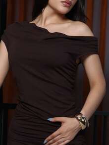 Steff Loaiza Asymmetric Ruched Oblique Shoulder Top & High-Slit Ruched Low Waist Skirt Summer Set, Women's Clothing, Pink,Ladies Elegant Asymmetrical,Ruched,Split Thigh Sleeveless Slim Fit Coffee Brown Batwing Sleeve Skirt Women Two-Piece Outfits,Spring/Summer,Casual Daily Wear