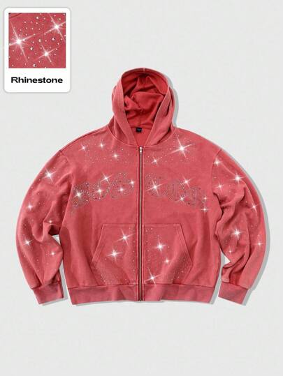 Street Life Sudadera con capucha con adornos de strass para hombres, estilo callejero americano