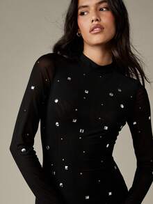 MISSGUIDED Rochie de seară elegantă, cu mânecă lungă, decolteu scurt, cu cristale, tip sirenă, mulată, cu mâneci transparente din plasă și accente strălucitoare, pentru balul de iarnă, balul de absolvire, invitata la nuntă