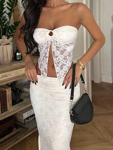 Ronhire Women Summer Two Pieces Halter V-Neck Lace Bodycon Top And Lace Slit Skirt