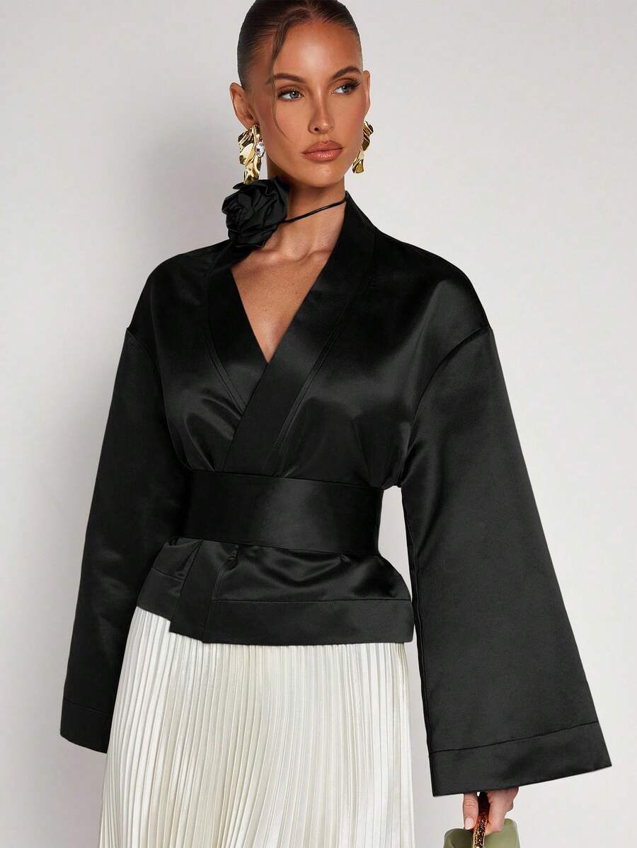 COSMINA 女士纯色落肩长袖收腰时尚衬衫，秋季优雅女士黑色上衣 - 黑色 - 查看 1