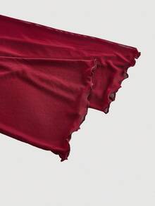 SHEIN MOD 2 件女式荷叶边喇叭袖不对称肩部时尚 T 恤，红色和黑色 - 紅色和黑色 - 查看 4