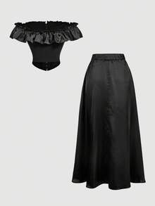 SHEIN MOD 女士优雅露肩荷叶边上衣和半身裙两件套 - 黑色 - View 2