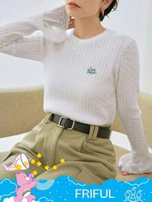 SHEIN X Care Bears FRIFUL 女式圆领喇叭袖撞色蕾丝紧身毛衣，正面有字母刺绣 - 白色 - 查看 13