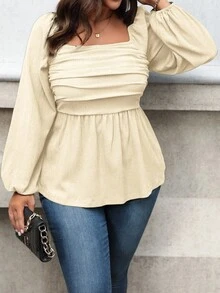 Vionelle Áo peplum cổ vuông tay đèn lồng xếp nếp thanh lịch cỡ lớn cho nữ xuân/hè, dành cho dịp Giáng sinh - Màu be - Xem 3