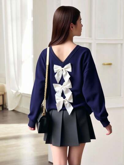 SHEIN 青少年女孩休闲学校 V 领撞色超大蝴蝶结装饰宽松落肩套头衫，带蝴蝶结的返校季