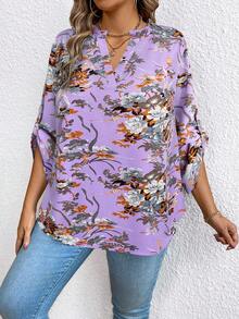 EMERY ROSE Áo cánh rộng tay cuộn cổ chữ V họa tiết hoa cỡ lớn dành cho nữ - Màu tím - Xem 4