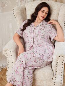 2 Peças Conjunto de Pijama Plus Size CottageSlumber - Top de Manga Curta e Calça com Estampa Floral - Rosa Bebê - Visão 5