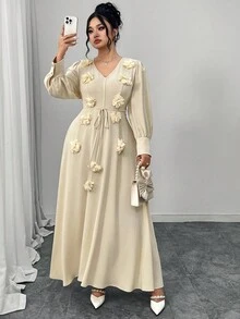 Modelyn Plus Appliques Belted Dress Fall Cloth For Women - Apricot - View 1