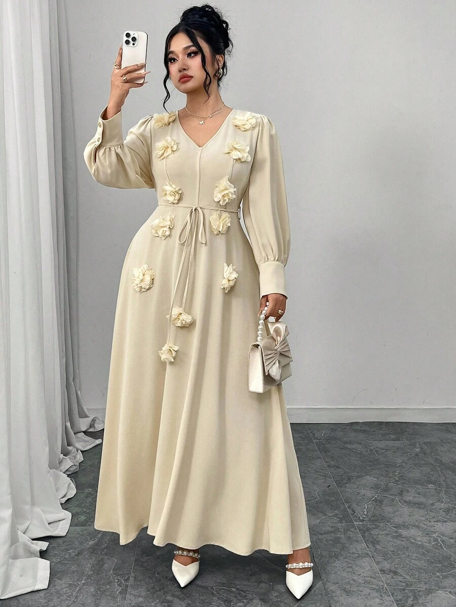 Modelyn Plus Appliques Belted Dress Fall Cloth For Women - Apricot - View 1